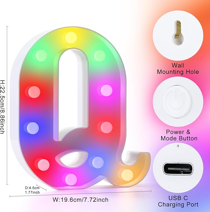 mooncow Rechargeable Light Up Letters,Colorful Marquee Letters with Remote,Gift Wrap Gifts,Bedroom Home Bar Party Decor (Q)