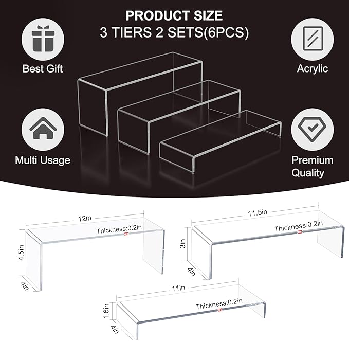 Acrylic Display Riser Stand,6Pcs 12'' Length Tier Display Stands, Thickened to 0.2''(5mm) Acrylic Shelf Risers for Perfume Display,Risers for Buffet Table,Cupcake Stand,Pop Figurines,Tumbler,Food