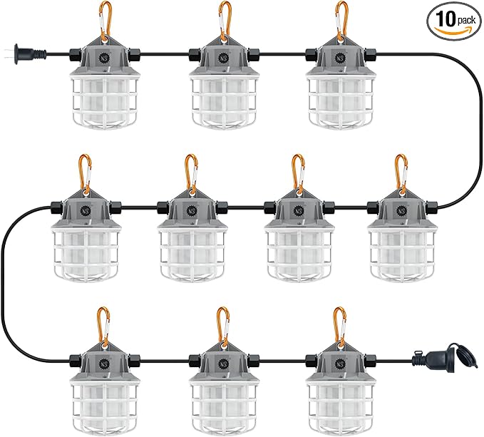 NS 100ft LED Construction String Lights, 150W 15000lm LED String Work Lights, Temporary Work Lights Linkable Industrial String Work Lights with Hook for Jiobsite, Outdoor Lighting (10)