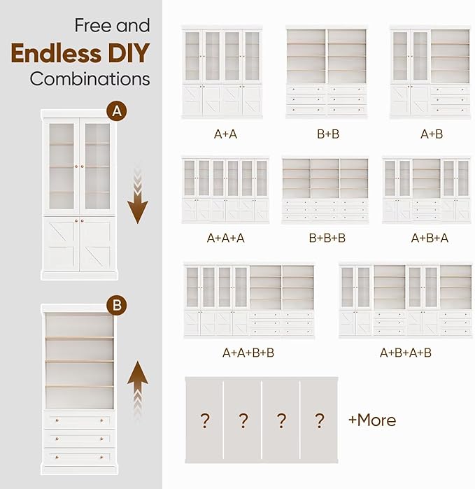 Vyre 71" Tall Farmhouse Bookshelves with Glass Doors, Large Modular Bookcase with Adjustable Shelves, Storage Cabinet for Living Room, Kitchen, Home Office, White