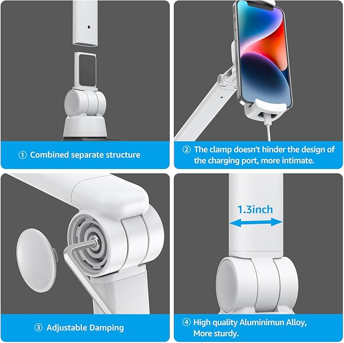 BEWISER Tablet Stand Holder Desk Mount,360°Rotating Flexibly, Angle Adjustable Long Arm, Folding Aluminium Alloy Compatible with4.7-13" Phone or Tablet in Kitchen/Office(White)