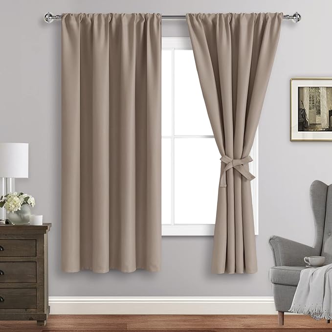 JIUZHEN Blackout Curtains for Bedroom - Thermal Insulated Room Darkening Rod Pocket Curtains for Living Room, Set of 2 Panels with Tiebacks, 38 x 72 Inch Length, Camel
