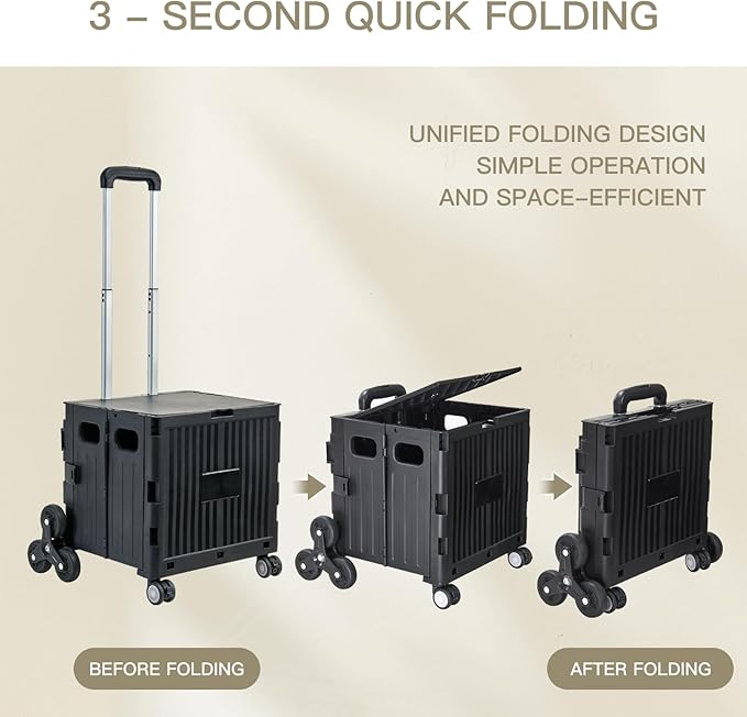 Foldable Utility Cart ，Folding Shopping carts，Collapsible cart with Stair Climbing Wheels, 8 Wheel Shopping cart，Collapsible Rolling Crate with Telescoping Handle (Black, 14.96 * 14.96 * 31.3)