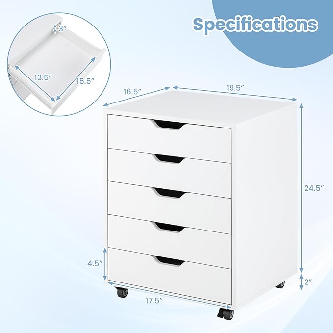 File Cabinet, Mobile Filing Cabinet w/Universal Wheels & 5 Drawers, Wood Printer Stand with Storage, Rolling File Cabinets for Home Office, Living Room, Bedroom (White, 5 Drawers)