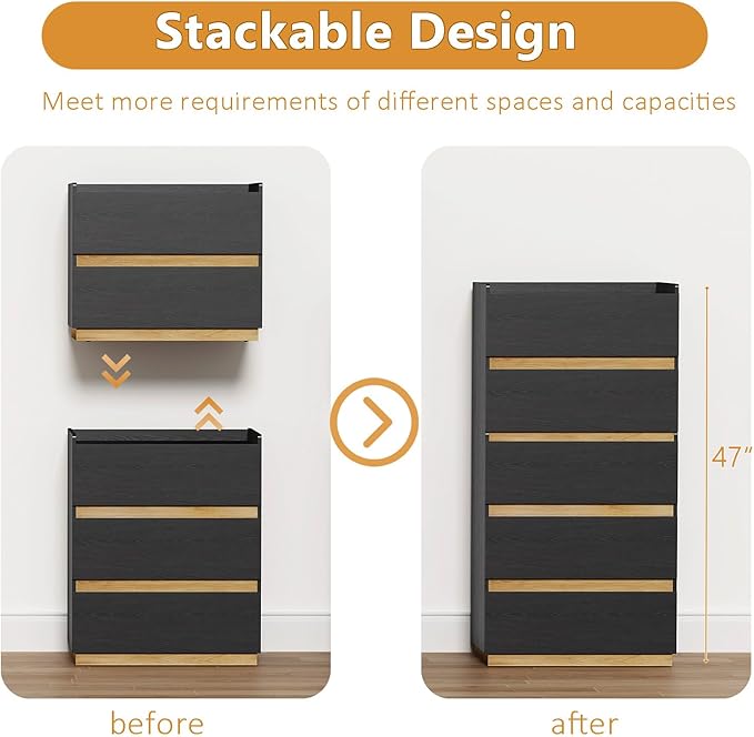 Large Modern Nightstand Black Bedside Table, 2 Drawer Dresser Wood Stackable Storage Drawers for Clothes for Closet, Bedroom, 24"x16"x20"