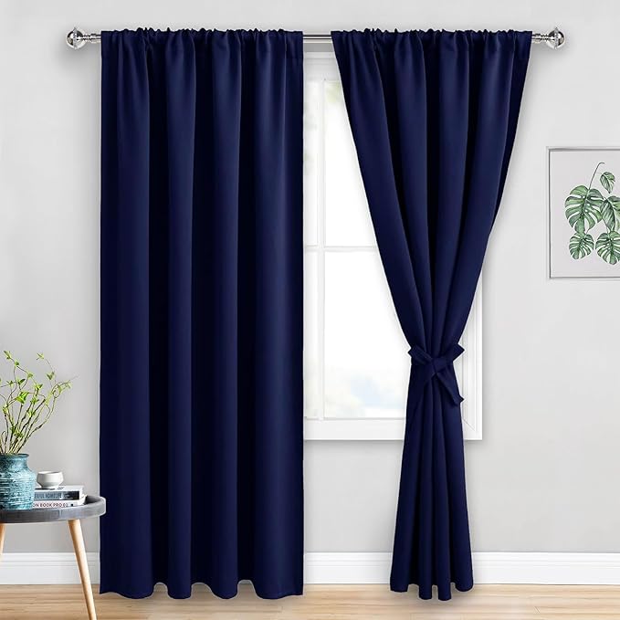 JIUZHEN Blackout Curtains for Bedroom - Thermal Insulated Room Darkening Noise Reducing, 52 x 84 Inch Length Curtains for Living Room, Set of 2 Panels with Tiebacks, Navy Blue
