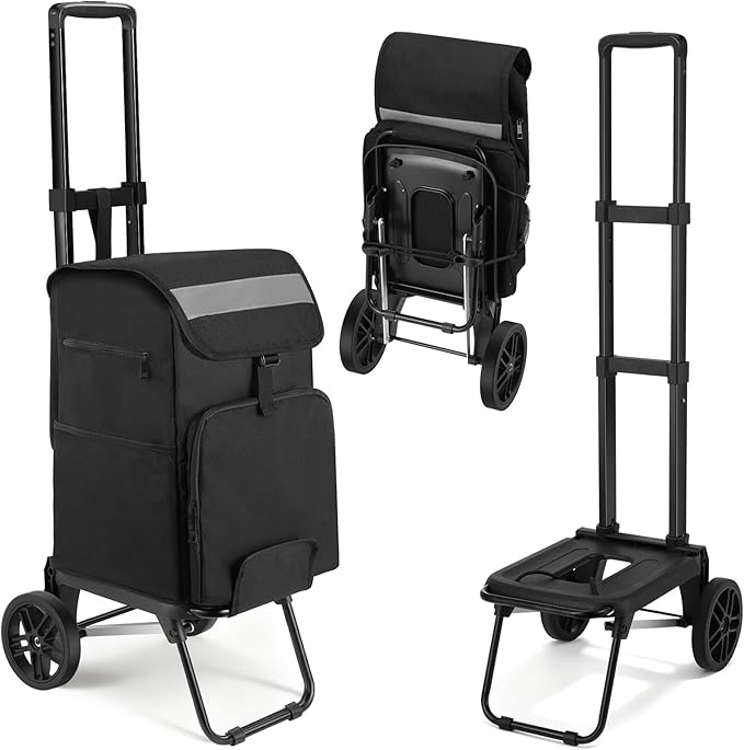 Housolution Foldable Shopping Cart for Groceries, 300LBS Collapsible Portable Grocery Carts on Wheels, 2 in 1 Rolling Hand Truck with Detachable Bag, Folding Utility Cart for Shopping and Travel