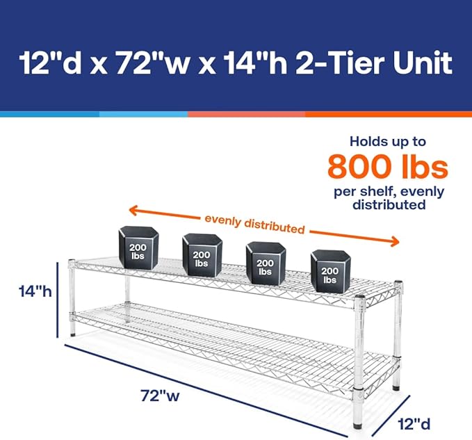 Shelving Inc. 12" d x 72" w Chrome Wire Shelving with 2 Tier Shelves, Weight Capacity 800lbs Per Shelf