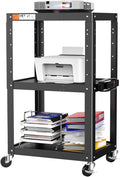 3 Shelf Metal Utility Cart - Durable Computer Cart on Wheels with Power Strip,Height Adjustable AV Presentation Cart Stand for Movie Projector,TV and Laptop Computers,Easy to Assemble, Black