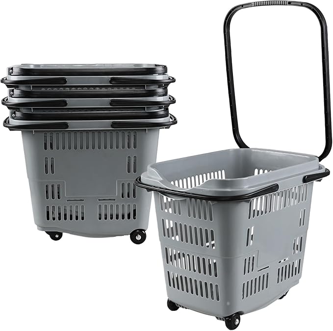Kekow 50 L Large Plastic Shopping Basket with Wheels, 4 Pack Plastic Rolling Shopping Basket with Wheels and Handle, Gray