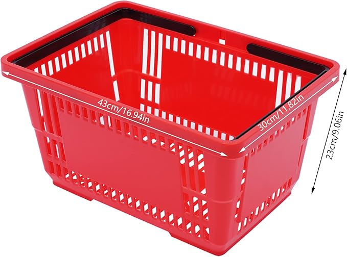 12PCS Shopping Baskets with Handles, 21L Plastic Grocery Basket for Retail Store, Supermarket, Grocery Shopping |17" x 12" x 9" Portable Shop Basket (Red)