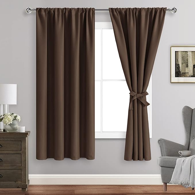 JIUZHEN Blackout Curtains for Bedroom– Thermal Insulated,Noise Reducing Room Darkening Rod Pocket Curtains for Living Room, Set of 2 Panels with Tiebacks, 42 x 63 inch Long, Brown
