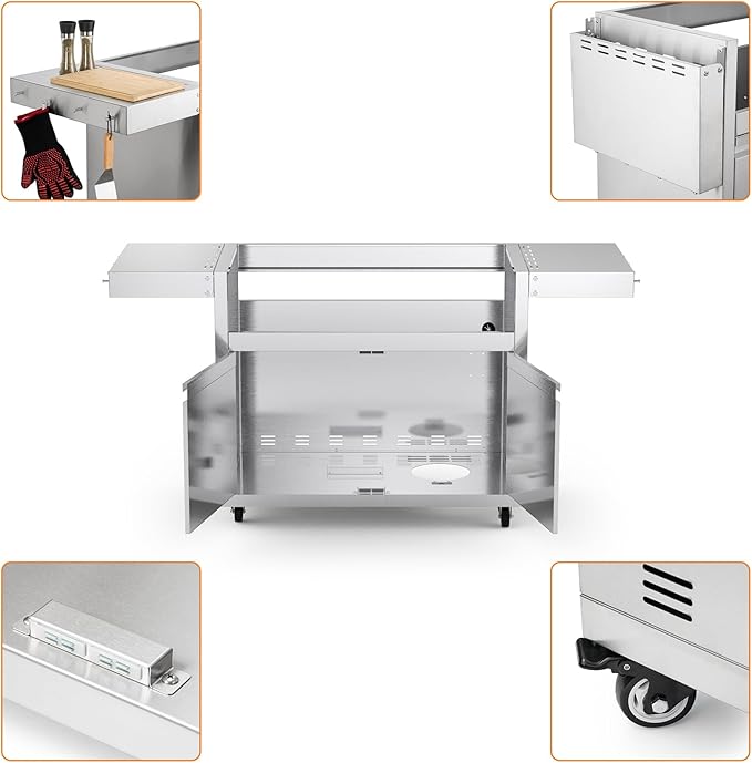 Stainless Steel Grill Cart for Hygrill 5-Burner Built-In Gas Grill, Outdoor Kitchen Island with Foldable Side Shelves and Storage Cabinet