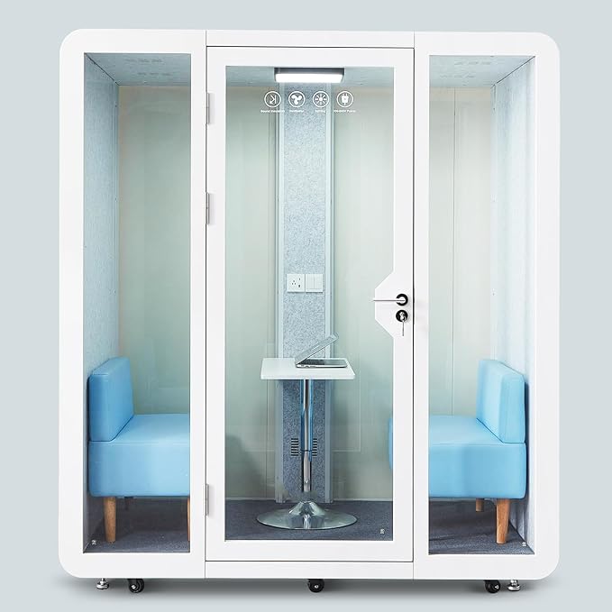 Mobile Office Pod Booth, Sound Pod, Large Space SoundProof Pod 2-4 People, Sound Booth Mobile Roller, LED Lighting, Centrifugal Fans and AC USB Ports - for 2-4 Persons White