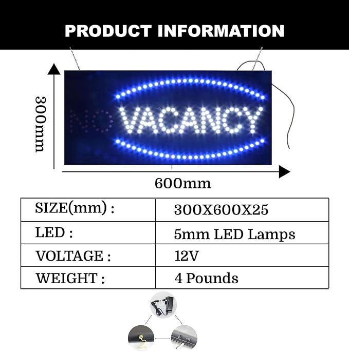 LED Vacancy/No Vacancy Sign for Retail Business Displays | Advertising Electronic Light Up Sign for Windows Walls |12"H x 24"W x 2"D