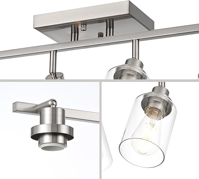5 Light Track Lighting Kit Brushed Nickel Kitchen Track Lighting Fixtures Ceiling Mount Bathroom Vanity Wall Scones Light Fixture with Clear Glass, Rotatable Spotlight for Kitchen Shop Hallway