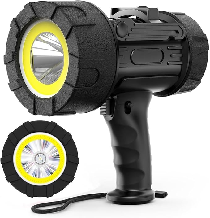 Rechargeable Spotlight Floodlight Combo 1000,000 High Lumen LED, IP67 Waterproof Spot Light COB Flood Light, Impact Resistant Handheld Spotlight with Foldable Stand and Detachable Red Lens