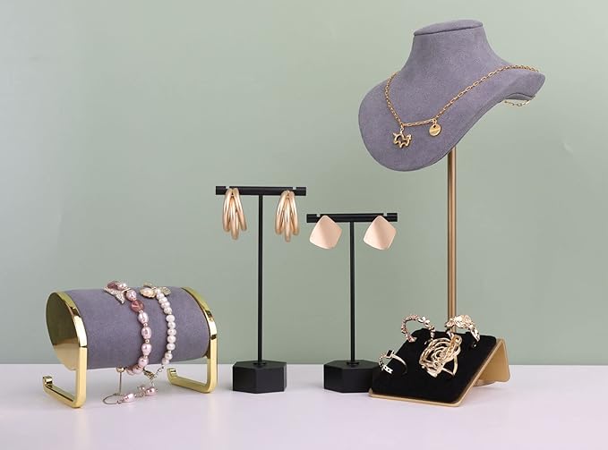 GemeShou Black Metal 2pcs Earring Display T Stand for Show, T Bar Jewelry Holder Tree for Retail Photography 【Black-Hexagon Base 2pcs Height 4.5" and 5.3"】