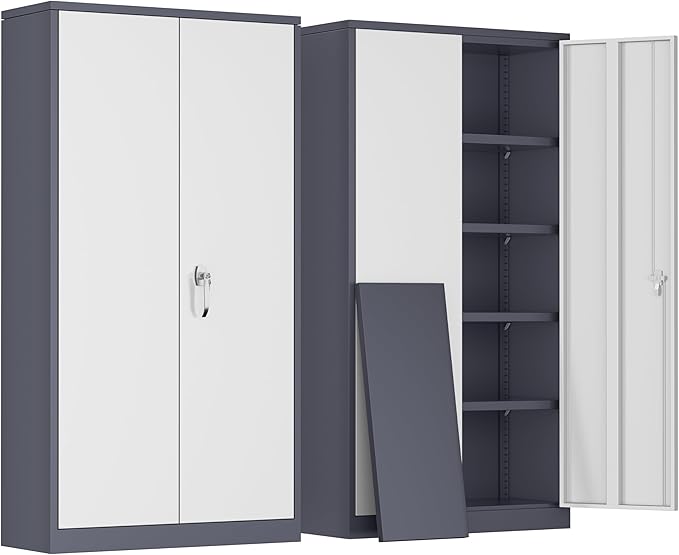 Greenvelly Metal Garage Storage Cabinet, Tall Locking Storage Cabinet with 2 Doors and 4 Adjustable Shelves, Steel Tool Cabinet, Lockable Filling Cabinet for Home, Office, Garage, School (Gray White)