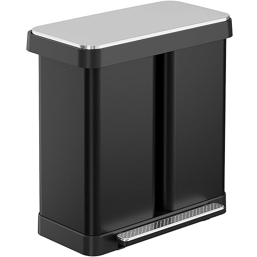 Arlopu 16 Gallon Dual Trash Can, 60L(2x30L) Stainless Steel Kitchen Garbage Can, Step-on Classified Recycle Garbage Bin with Removable Inner Buckets, for Kitchen, Living Room, Office (Black)