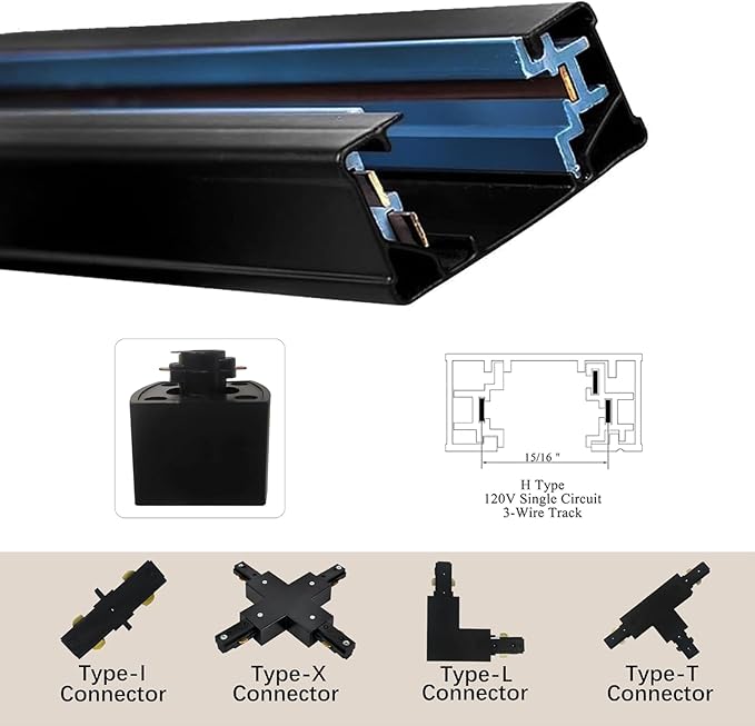 Black Full Accessories and Rails Kit for H Type Track Lighting Systems 26FT Track Rails, Floating Canopy Connector, Live End, I, T and L Connectors.Great Value Set for LED Track Lighting