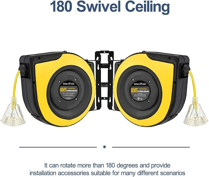Retractable Extension Cord Reel, 65 Feet 12 AWG/3C SJTOW Heavy Duty Power Cord,15 AMP Circuit Breaker, 3-Lighted Triple Outlets, Ceiling or Wall Mount,Yellow