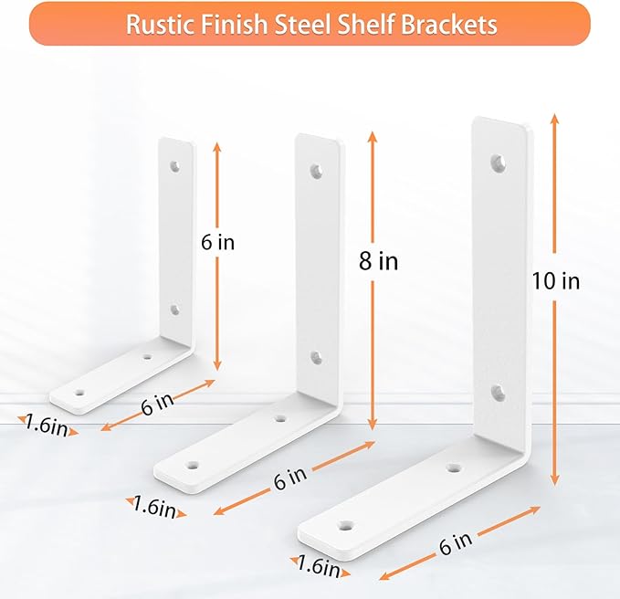 White Heavy Duty Shelf Brackets 8 Inch, Extra Thick L Shelving Brackets, Rustic Gold Iron Floating Shelves Wall Mounted with Hardware for DIY Open Shelving, 4 Pack