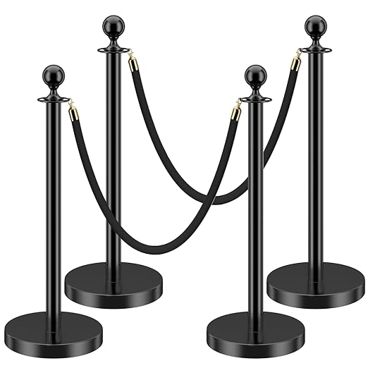 LOVMOR Stainless Steel Stanchion Post, 5 FT Black Carpet Ropes, Stanchion Post with Ball Top, Hollow Base and Velvet Ropes Safety Barriers Set for Party