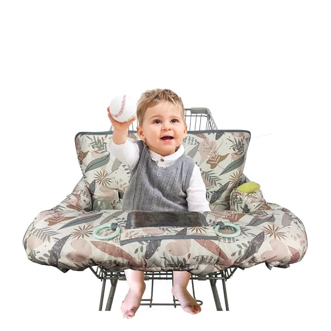 Shopping Cart Cover for Baby, 2 in 1 High Chair Cover for Restaurant seat & Grocery Cart Cover for Babies, Thick Padded with Clear Phone Pouch, Machine Washable, Leaves