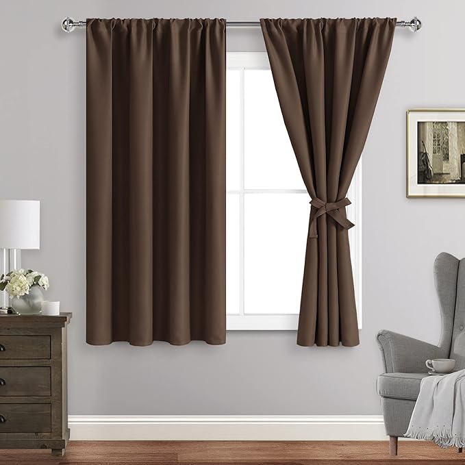 JIUZHEN Blackout Curtains for Bedroom - Thermal Insulated Room Darkening Rod Pocket ShortCurtains for Living Room, Set of 2 Panels with Tiebacks, 42 x 45 Inch Length, Brown