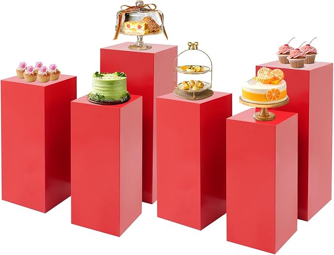 6Pcs Metal Display Pedestal Stands, Square Flower Display Pillars Rack for Wedding Party Decor, Dessert Table Display Cake Plant, Column Decorative Cube (Red, 6PCS)