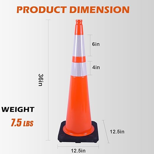 6 Pack 36 Inch Orange PVC Traffic Cones with Black Base, Stable Large Size Safety Cones for Highway, Construction, and Outdoor Use (6, Orange, 36 Inch)
