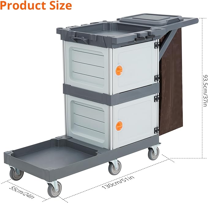 Heavy-Duty Commercial Janitorial Cleaning Cart with 2 Cabinets, 3 Shelves, Vinyl Bag, and Wheels for Housekeeping in Hotels, Schools, and Apartments
