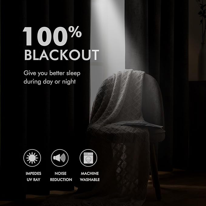 MIULEE 90 Inches Linen Textured Curtains for Bedroom 100% Blackout Thermal Insulated Midnight Blue Grommet Room Darkening Curtains & Drapes Luxury Decor for Living Room Nursery 52 x 90 Inch (2 Panels)