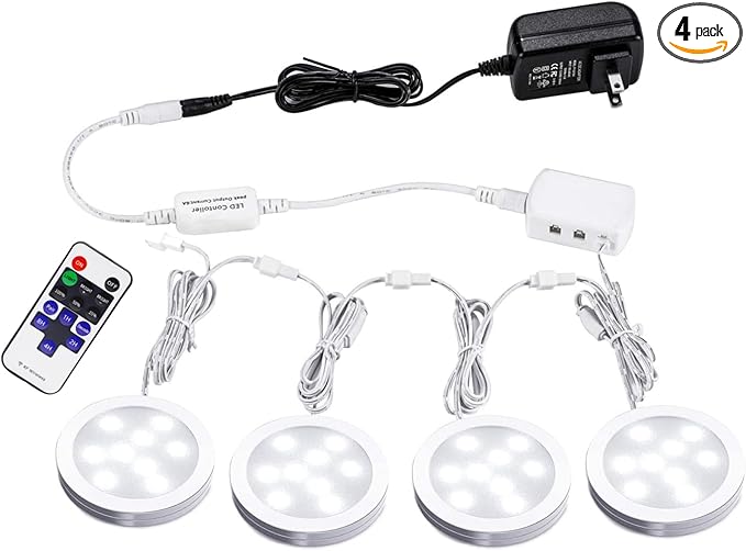 AIBOO Linkable LED Under Cabinet Lights 12V Slim Aluminum Dimmable Puck Lights with RF Remote Control & ETL Listed Power Adapter for Accent Display Lighting (4 Lights,Daylight White)