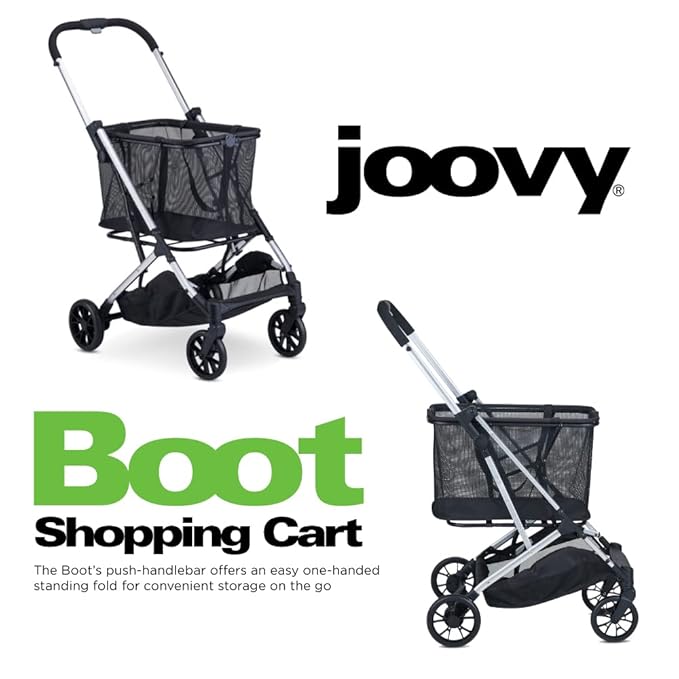 Joovy Boot Shopping Cart Featuring 70 lbs Total Weight Capacity, Stylish Removable Tote, Swivel Tires for Easy Steering, One-Handed Compact Fold, and One-Step Parking Brake (Silver Frame)