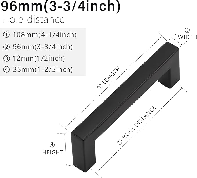 Cabinet Pulls Matte Black Cabinet Handles Square Drawer Pulls, 50 Pack 3-3/4 Inch Stainless Steel Kitchen Door Cupboard Cabinet Handles, Black Drawer Hardware Handles, 96mm Hole Centers