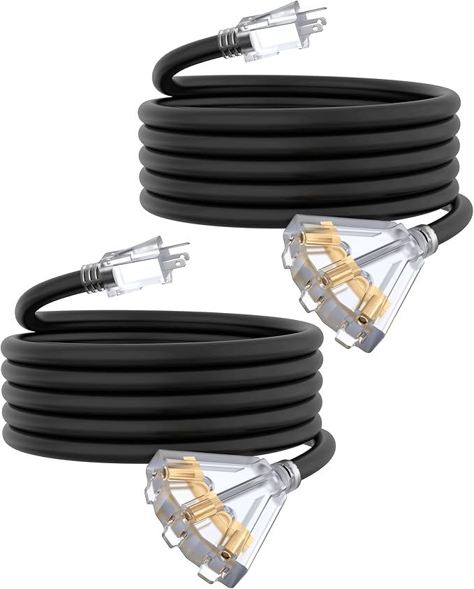 15Ft 12 Gauge Outdoor Extension Cord with 3-Outlets, 2 Pack, Heavy Duty 3 Prong Extension Cord Waterproof with Lighted end, 15A SJTW, ETL Listed, Black
