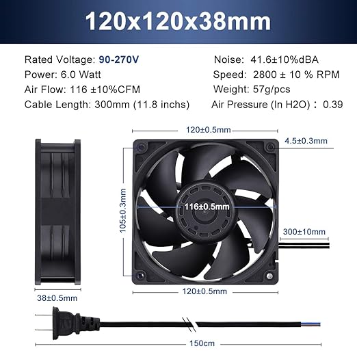 Wathai EC Industrial Case Fan 120mm x 38mm Ball Bearing 116 CFM AC 110V 115V 120V 220V 240V Brushless Cooling Fan 120x120x38mm