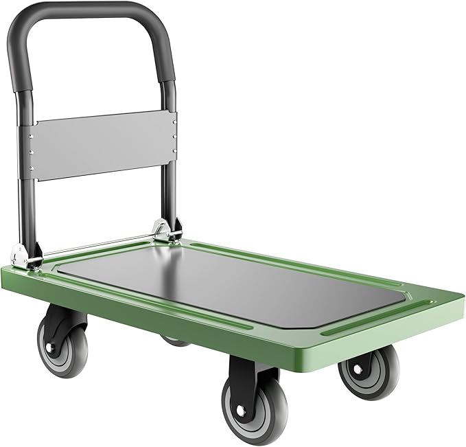 Upgraded Foldable Push Cart Dolly | 880 lbs. Capacity Moving Platform Hand Truck | Heavy Duty Space Saving Collapsible | Swivel Push Handle Flat Bed Wagon - Green