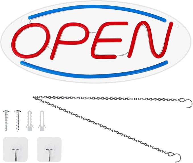 LED Open Sign 13.8"x5.9" for Shop/Bar/Salon Window/Door, Neon Open Sign, Colorful Strip, USB Powered, Transparent Backboard, Hooks/Screws/Chain