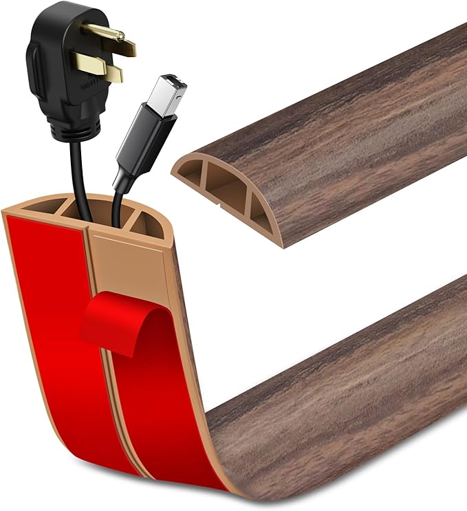Floor Cord Cover Self Adhesive Cord Hider Floor Extension Cord Covers for Floor Power Cord Protector Cable Management Prevent Cable Trips Cable Cavity 0.59" W x 0.31" H (Smoked Brown Wood, 20Ft)
