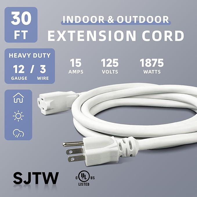 EP 30 Ft Outdoor Extension Cord, 12/3 SJTW Heavy Duty Extension Cable with 3 Prong Grounded Plug, 15 AMP Power Cord for Lawn, Garden, Appliances, White
