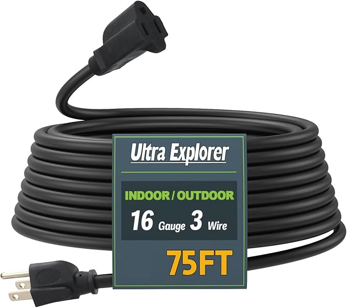 75 Ft Indoor Outdoor Black Extension Cord, 16/3 SJTW Heavy Duty Water-Resistant, 3 Prong Grounded Plug Power Cord for Home Appliance, Lights and Lawn, 13A 1625W, UL Listed