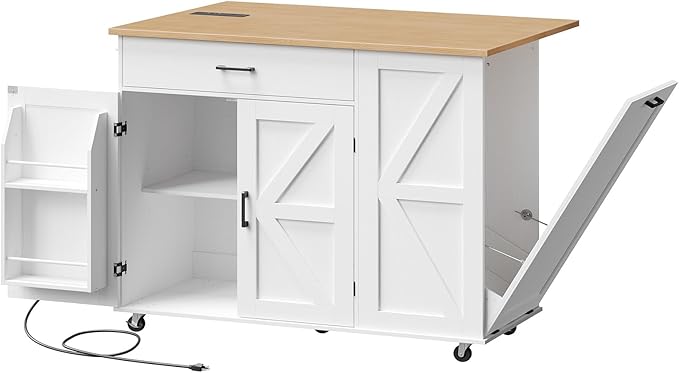 HOOBRO Kitchen Island with Power Outlet & Drop Leaf, Rolling Kitchen Island with Trash Can Storage, Island Table with Storage Cabinet, Towel Rack, for Dining Room, White and Natural WN50UZD01