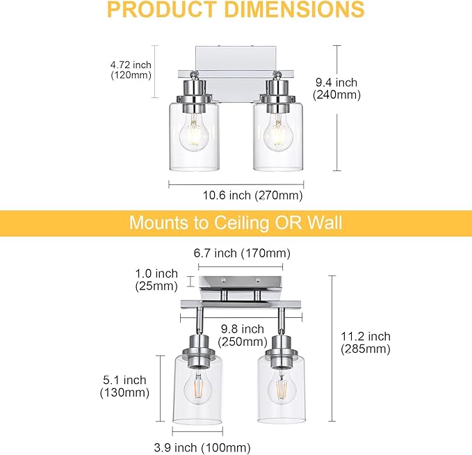 2-Light Track Lighting Kit Ceiling Kitchen Track Lighting Fixtures Chrome Bathroom Vanity Wall Lights with Clear Glass Multi-Directional Rotating Tracking Light Heads Spotlight for Accent Shop