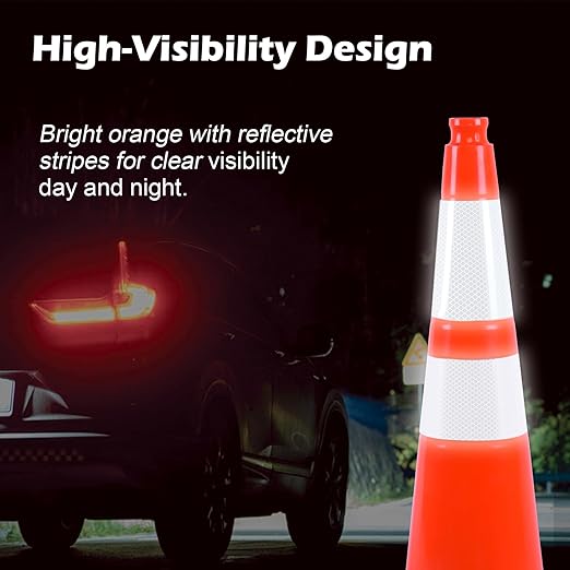 8 Pack 28 Inch Orange PVC Traffic Cones Black Base Stable Flexible, Road Safety Construction Zone Crowd Control Parking Safety Markers (8, Orange, 28 Inch)