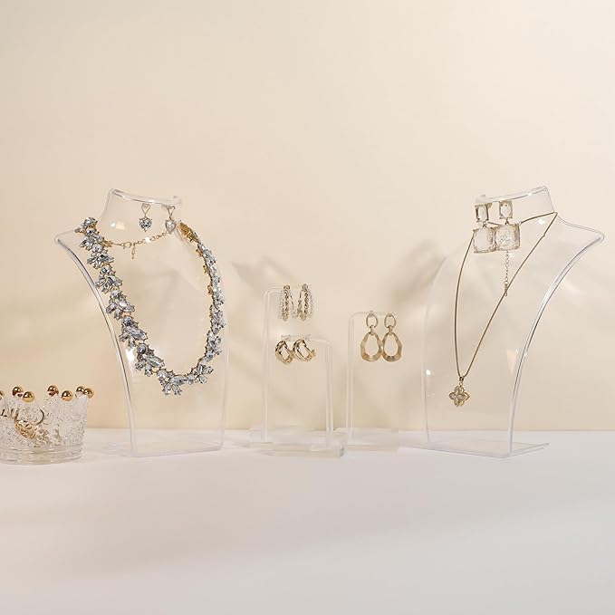 GemeShou Acrylic Jewelry Necklace Bust and Earring Display Stand, Transparent Necklace holder for selling, Clear 3D Jewelry Mannequin Holder 【Acrylic bust- set of 3】