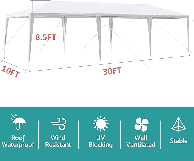 10x30 FT Party Tent, Outdoor Wedding Tents for Parties, Canopy Event Tent Without Removable Sidewalls, Waterproof Gazebo Shelter for Birthday Parties, Weddings, BBQs & Events (10X30FT-0Sides White)