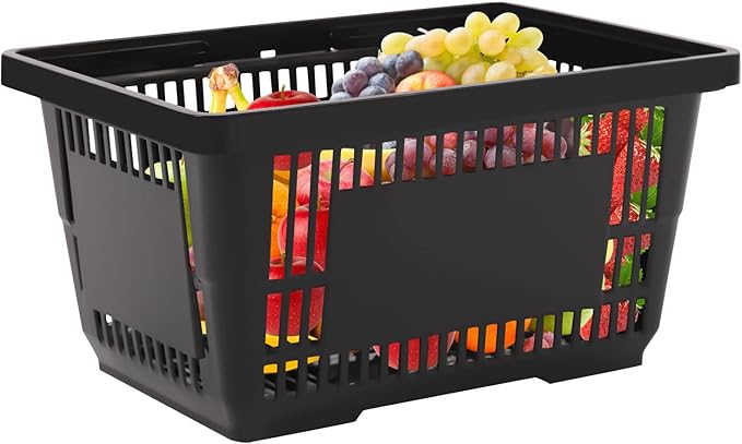 12 Pack Commercial Shopping Baskets - 21L Black Nesting Stackable Bins with Invisible Handle for Retail, Supermarket, Warehouse Durable Store Basket (Black-21L)